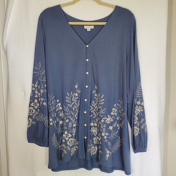 J. Jill Tops - J Jill long sleeve Top Boho style with embroidered stitching cotton/modal Size L